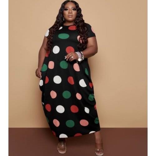 Plus Size Multicolor Dot Printing Women Casual Dress O-neck Short Sleeve 2021 Summer Pockets Ankle-Length Loose Dresses