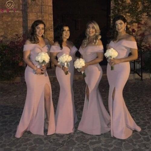 2020 Pink Mermaid Split Bridesmaid Dresses Elegant Sweetheart Neck Off The Shoulder Long Wedding Party Formal Bridesmaid Dress