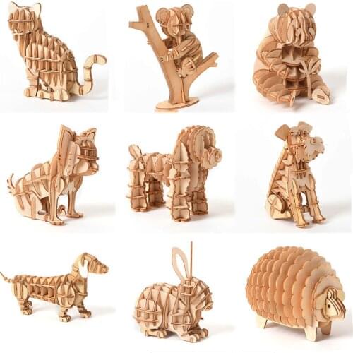 3DWooden Puzzle Cutting DIY 9 Animal Cat Dog Panda Toys Toy Assembly Model Wood Craft Kits Desk Decoration for Children Kid YHN