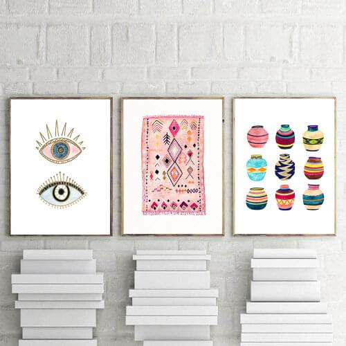 Watercolor Eye Tribal Woven Basket Canvas Art Prints Moroccan Rug Art Painting Boho Wall Pictures Home Bohemia Poster Wall Decor