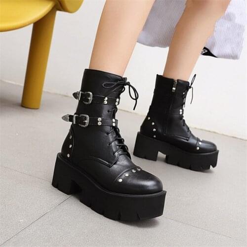 PXELENA Vintage Buckle Rivet Combat Platform Motorcycle Boots Women Block Chunky High Heels Military Biker Ankle Boots Autumn 43