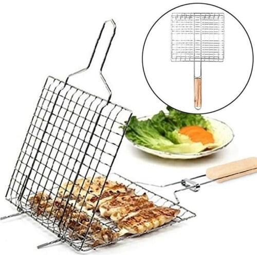 Grill Basket Stainless Steel Roasting Basket Grill Rack with Wood Handle Iron Wire Barbecue Grilling Basket BBQ Net BBQ Tool