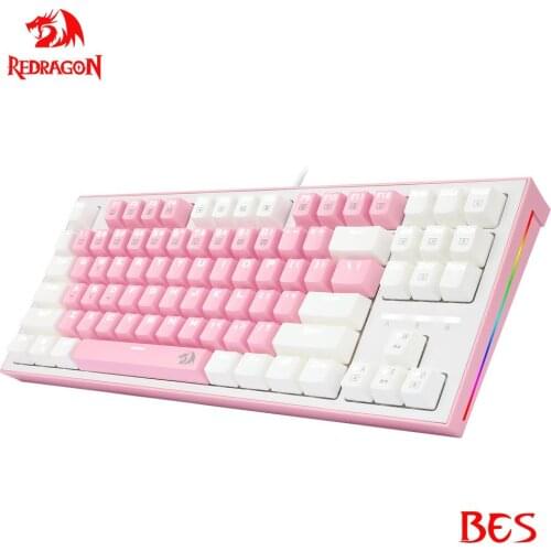 REDRAGON BES K611 USB Pink White Mechanical Gaming Keyboard Blue Switch Led Backlit 87 Keys Computer PC Gamer