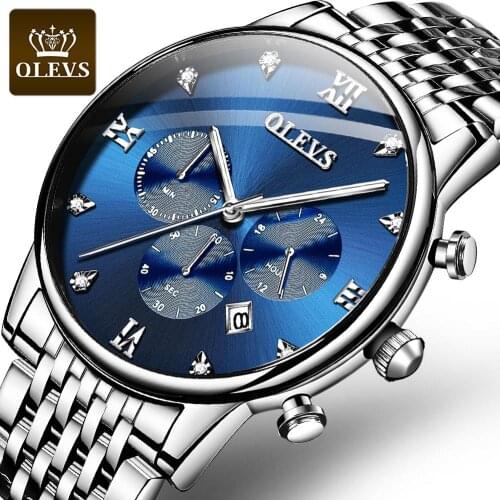 OLEVS 2868 Mens Watches Multifunction Chronograph Quartz Watches Full Steel Strap Luminous Waterproof Male Wristwatch Gift