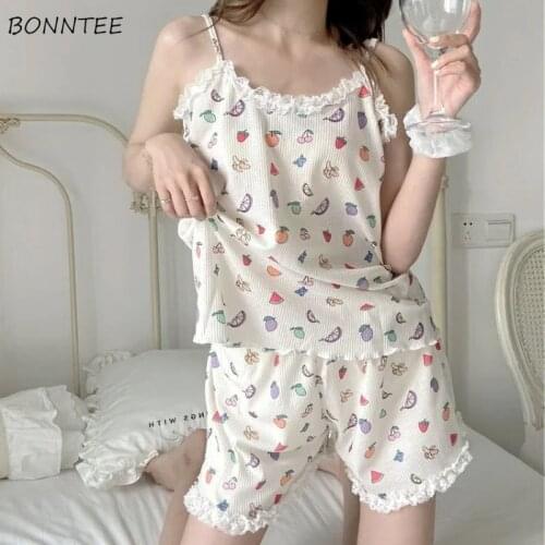Pajama Sets Women Sweet Maiden Spaghetti Strap Lace Lovely Ulzzang Fruit-printed Summer Casual Teen Korean Style Female Soft Ins