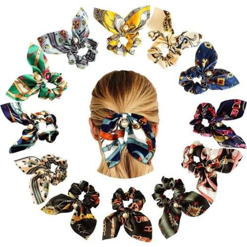 1pcs Chiffon Bowknot Silk Hair Scrunchies Women Pearl Ponytail Holder Hair Tie Hair Rope Rubber Bands Fashion Hair Accessories
