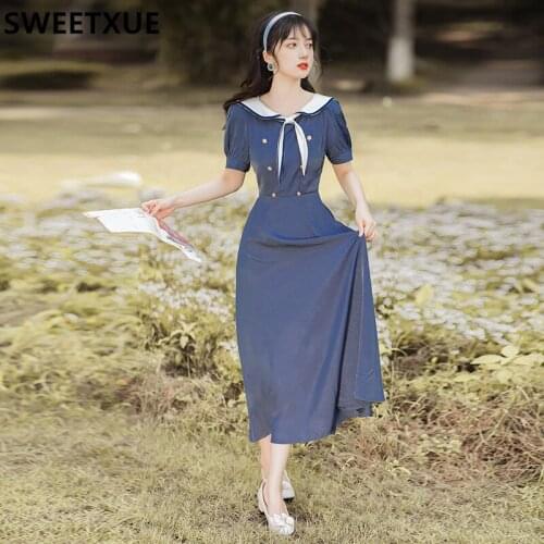 SWEETXUE Japanese Navy Collar Retro Midi Dress Women Fashion Elegant Female 2021 Double-breasted Comfortable Satin Chic Vestidos