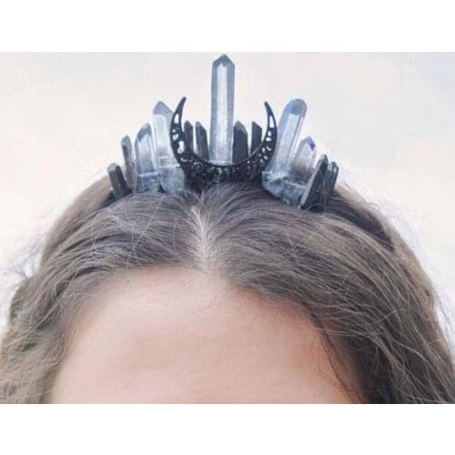 Handmade Faux Raw Crystal Headband Quartz Black Moon Bridal Alloy Tiara Crown