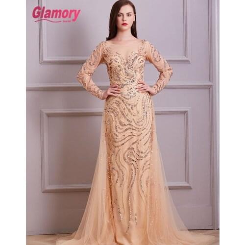 Gold Evening Long Sleeve Luxury Evening Dress Dubai Design 2020 Dance Dresses
