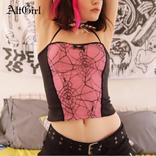 AltGirl Dark Gothic Camis Women Mall Goth Y2k Vintage Spider Net Mesh Corset Crop Tops Harajuku Sexy Emo Punk Lace Vest Female