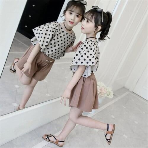 4 5 6 7 8 9 Years Girls Clothing Sets Korean Dot Bell Sleeve Blouse Shorts Stylish Clothes For Girls Summer Children Suit 2019