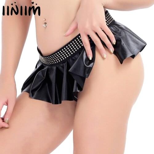 US STOCK Womens Sexy Mini Skirts Ladies Leather Pleated Side Split Embellished Studded Skirt Party Clubwear for Evening Parties