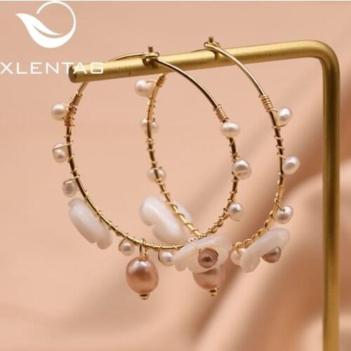 XlentAg 925 Sterling Silver Flower Natural Fresh Water Pearl Hoop Big Earrings For Women Wedding Gift Accesorios Mujer GE0851