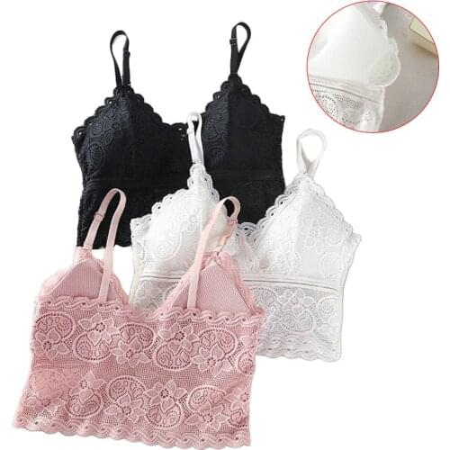 Women Fashion Wireless Bra Padded Bralette Deep V Lace Bras Summer Crop Top Embroidery Floral Tank Top
