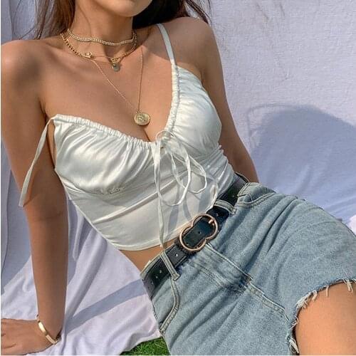 2021 Summer New Women Sexy V-neck Silk Soft Fabric Crop Tops Camisole Girl Slim Party Club Sling Tank Tops Female Harajuku Tees