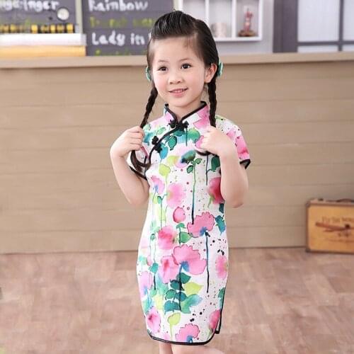2020 pink Cheongsam dress Fashion Chinese Traditional Asian clothing qipao lace dress for kids baby girls