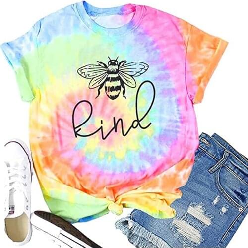 2021 Womens Top Tie Dye Bee Kind Letter Printed round Neck Short Sleeved T-shirt woman tshirts all neon store clothes