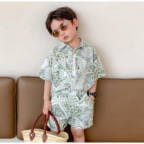 2-9T Summer Floral Beach Boy Print Clothes Set Toddler Kid Short Sleeve Shirt Top and Shots set Fashion Playa Vacation Outfit