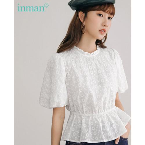 INMAN Summer Womens Blouse French Lace Round Collar Hollow Embroidered Design Romantic Lantern Short Sleeve Tunics Slim Top