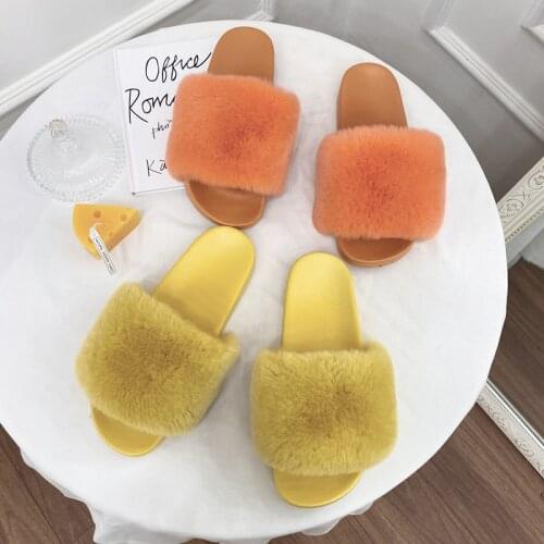 Designer Slippers 100% Rabbit Fur Slippers Real Fur Sandals Indoor Slippers Women Fluffy Slippers