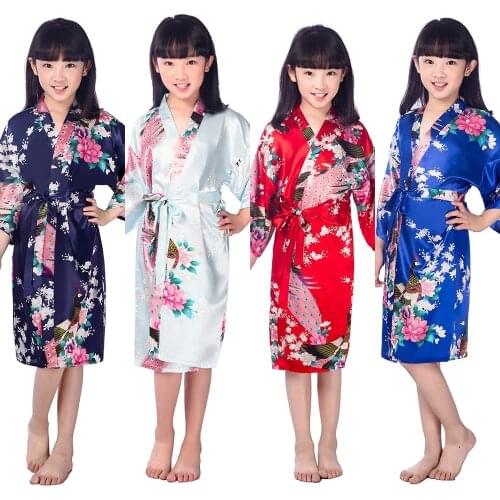 Summer High quality Satin Children Kimono Robes Bridesmaid Flower Girl Dress Silk childrens bathrobe Nightgown Kimono 010609