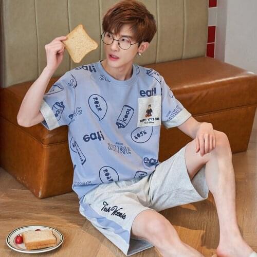 Cotton Short Sleeve Pajamas Set For Men Korean Fashion Blue Cartoon Male Sleepwear Summer Cool Casual Plus Size Male Home Wear