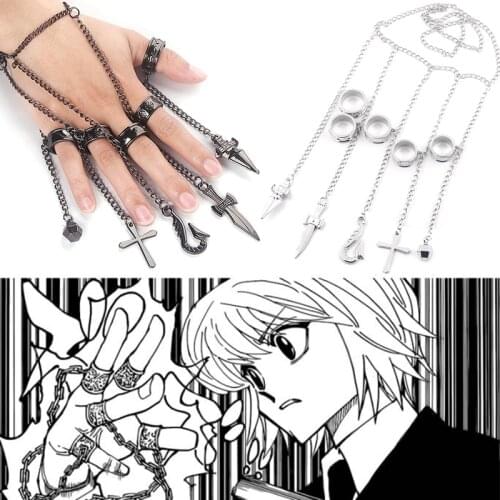 Hunter x Hunter Kurapika Rings Cartoon Cosplay Costume Prop Metal Ring Accessories Sword Fish Hook Pendant Chain Figerrings