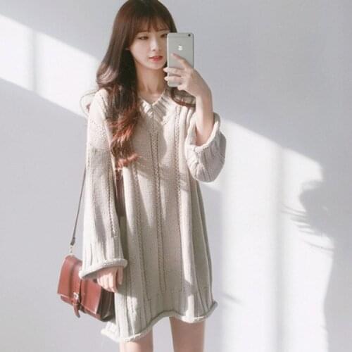 Sweet Women Plain Mini Dress Long Sleeve Loose Casual Autumn Sweater Dresses