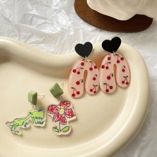 Korean Sweet Red Cherry Clip Earrings No Hole Ear Clip Acrylic Cute Girl Cartoon Dinosaur Clip on Earrings No Pierced Ears Women