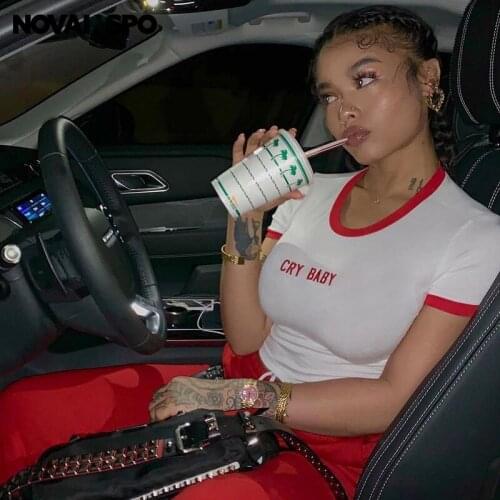 NOVAINSPO O Neck Letter Embroidery Color Blocking Cropped Tops For Women Casual Short Sleeve Basic Fitness Streetwear Simple Tee