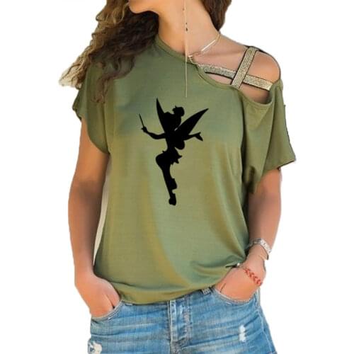 2021 Fashion New Women Tinkerbell Fairy Silhouette Cartoon T shirt Femme Tinkerbell Printed Cute Irregular Skew Cross Band