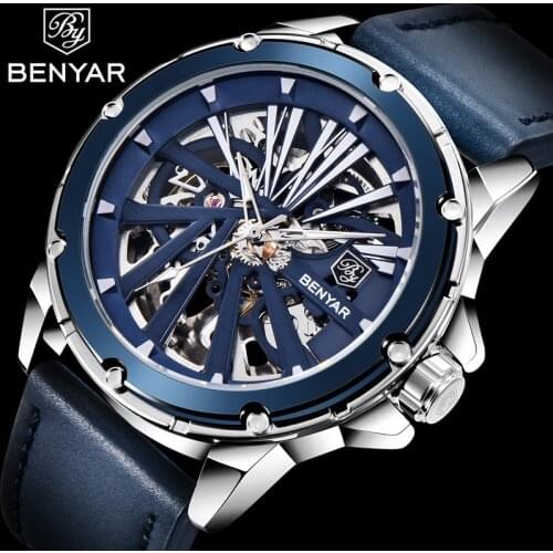 NEW BENYAR Tourbillon Skeleton Mechanical Watch Men Top Brand Luxury Leather Blue Men Watch Waterproof Wristwatch Reloj Hombre