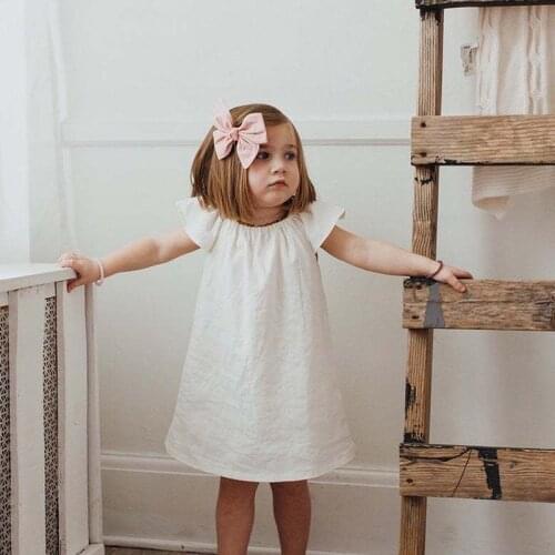 Girls Cotton And Linen Short-Sleeve Dress Summer New Solid Color Brief Casual Princess Dresses WT017