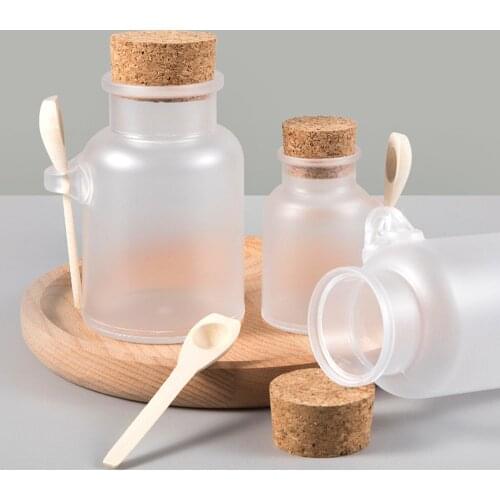 1pcs 100g/200g/300g Empty Bath Salt Bottle Scrub Facial Mask Cream Powder Jar Plastic Container Cork Cover Wooden Spoon Bottle