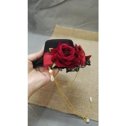Handmade Gothic Lace Fascinator Hat Hair Clip Vintage Lolita Rose Flower Alloy Chain Ribbon Bow Fancy Show Party Women Headwear