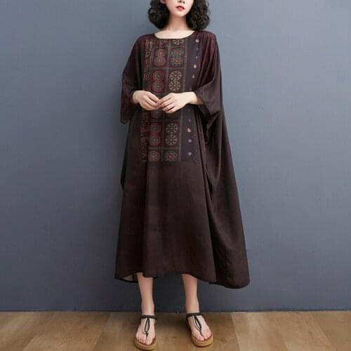 Batwing Sleeve Oversized Dress Soft Print Floral Vintage Chinese Style Dress Robes Plus Size Holiday Travel Casual Women Dress