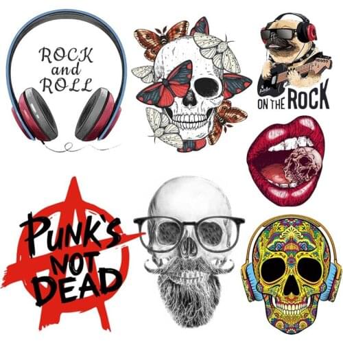 Skull Rock Thermal Stickers On Clothes Punk Not Dead Heat Transfer Iron On Patches Washable Applique For Clothes DIY