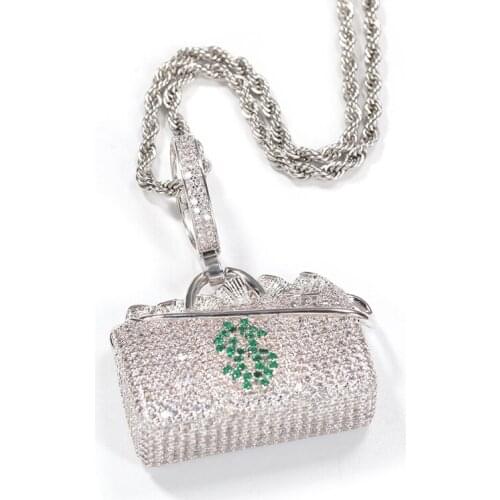 Hip Hop Jewelry AAA+ Cubic Zirconia Paved Bling Iced US Dollars Money Handbag Pendants Necklace for Women Men Rapper Gift