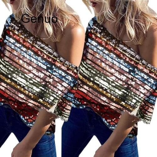 Women Skew Neck Short Sleeve Striped Sequined Shirt Summer Sexy Party T Shirt Chic Sparkly Tops