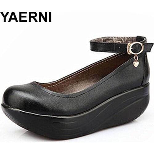 YAERNILeather Women Toning Shoes Platform Wedge Thick Soles Women Height Increasing Swing Shoes Single Shoes 34-43 Plus SizeE468