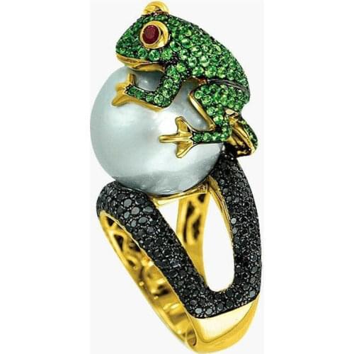 Fashion Cute Frog with Pearl Jewelry Engagement Gold Color Filled Wedding Ring Size 6-10 for Women