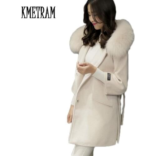 2020 Faux Fox Fur Collar Hooded Womens Wool Coat Lady Fashion Single Breasted Female Suit Slim Casaco Feminino WUJ0451