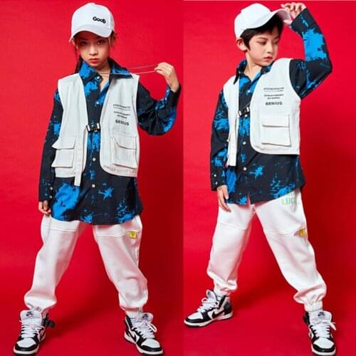 Boys Hip Hop Girls Pocket Vest Sweatpants Outfit Child Print Blue Bandhnu Shirt Joggers Pant Street Dance Kid Streetwear Costume