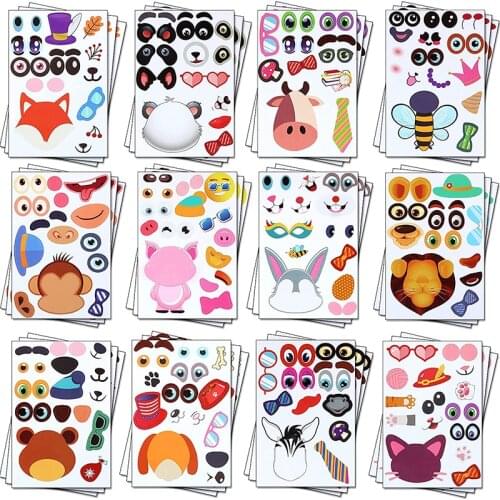 24Sheets Children DIY Puzzle Sticker Games 12 Animals Face Funny Assemble Jigsaw Stickers Kids Educational Toys Boys Girls Gifts