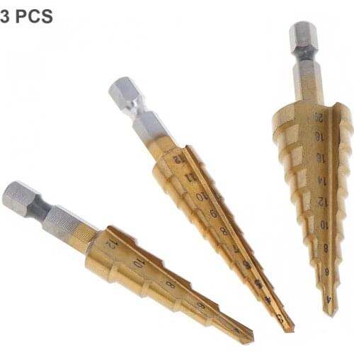 3Pcs 1/4 Inch Hex Shank HSS Titanium Coated Step Drill Bit Set 3-12 / 4-12 / 4-20mm NEW