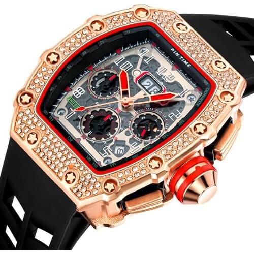 2021 New Luxury Watch Mens Waterproof Diamond Chronograph Quartz Silicone Strap Military Wrist Watches Clock Relogio Masculino