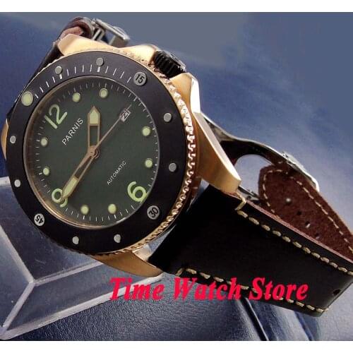 Parnis 43mm 10ATM 21 jewels Miyota Automatic mens watch black dial luminous sapphire glass gold case ceramic bezel 690