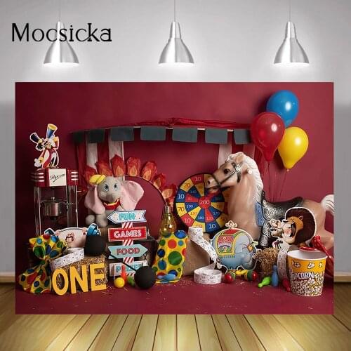 Circus Animals One Birthday Art Backdrop Toys Balloons Dark Red Baby 1st Cake Smash Background Newborn Kids Portrait Studio Prop