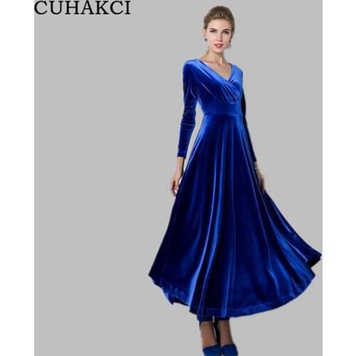 CUHAKCI Velvet Maxi Dress Autumn Party Dresses Women Winter Long Sleeve Ladies Elegant V-Neck Vintage High Waist Casual