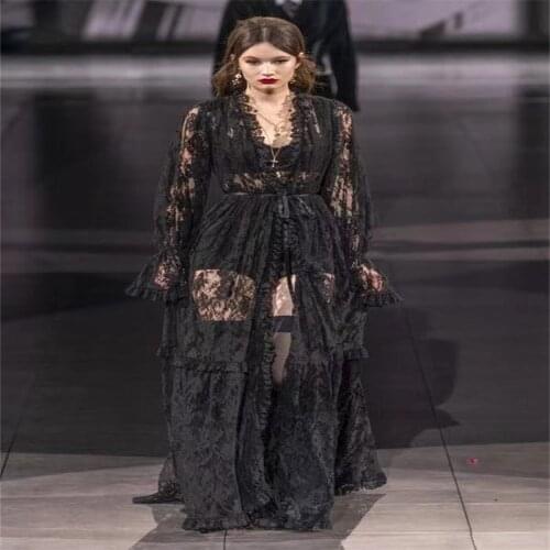 Black Lace Long Coat 2021 New Sexy Long Maxi Womens Top Coat Celebrity Party Dress Belt Design